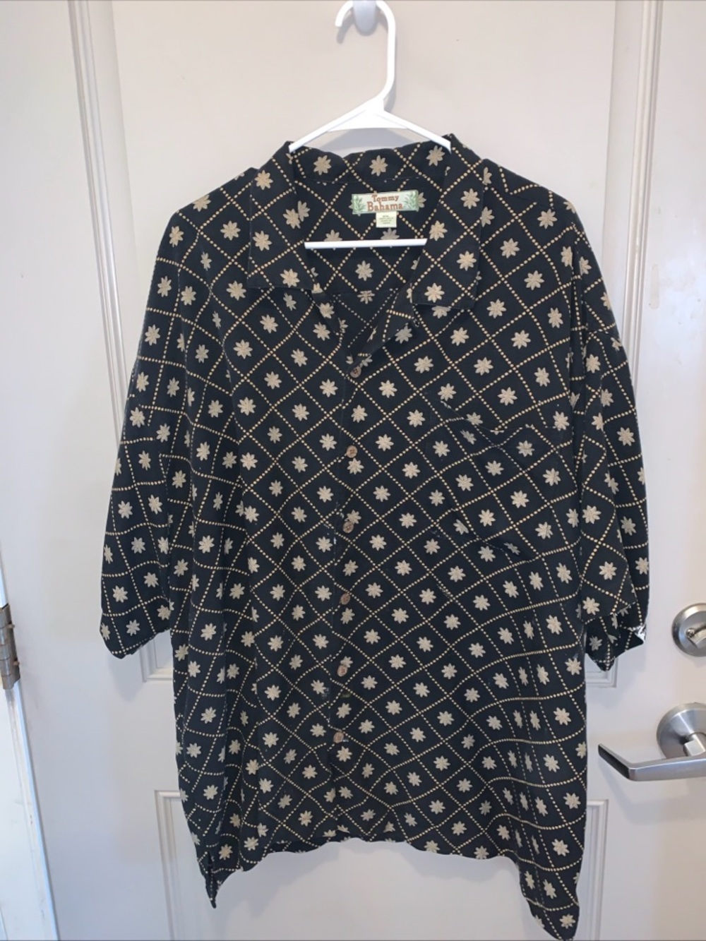 Tommy Bahama Black Silk Button-Up with Cream Floral Geometric Print